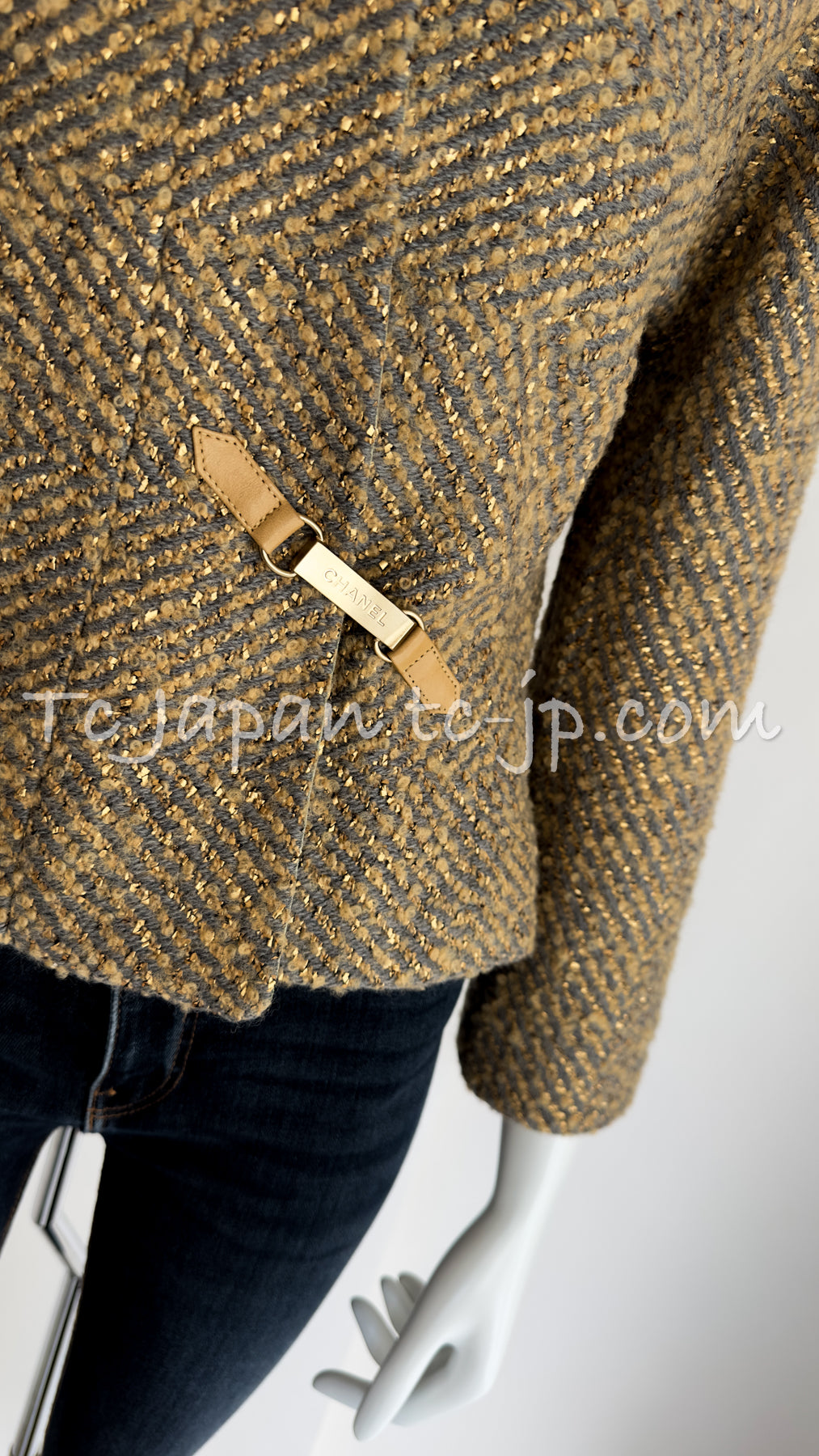 CHANEL 00A Vintage Yellow Beige Gold Gray Wool Zipper Jacket with Scarf 38 40 シャネル ヴィンテージ イエローベージュ ゴールド グレー ジッパー ウール ツイード ジャケット 即発