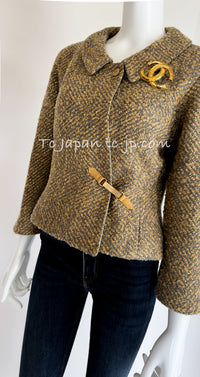 CHANEL 00A Vintage Yellow Beige Gold Gray Wool Zipper Jacket with Scarf 38 40 シャネル ヴィンテージ イエローベージュ ゴールド グレー ジッパー ウール ツイード ジャケット 即発
