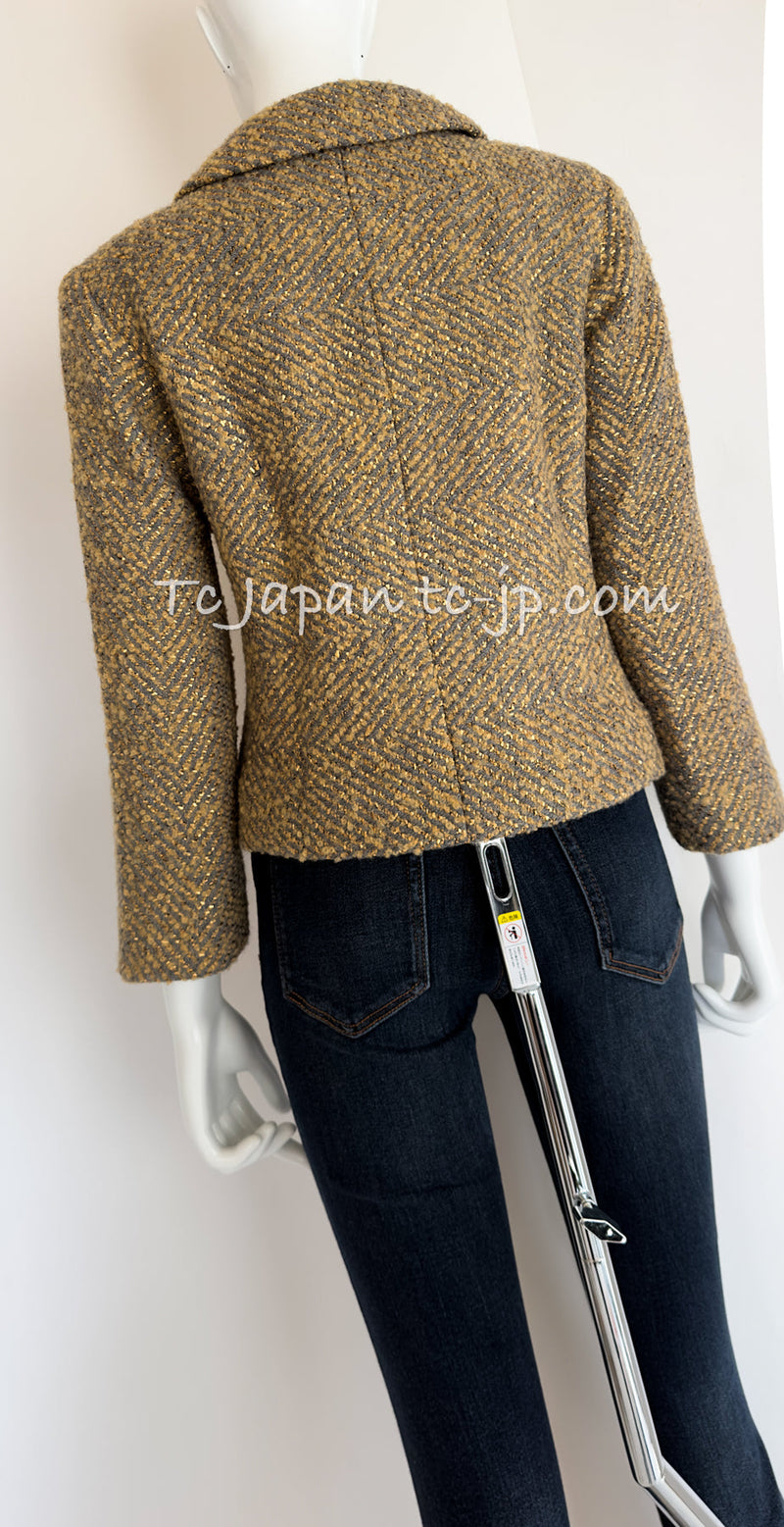 CHANEL 00A Vintage Yellow Beige Gold Gray Wool Zipper Jacket with Scarf 38 40 シャネル ヴィンテージ イエローベージュ ゴールド グレー ジッパー ウール ツイード ジャケット 即発