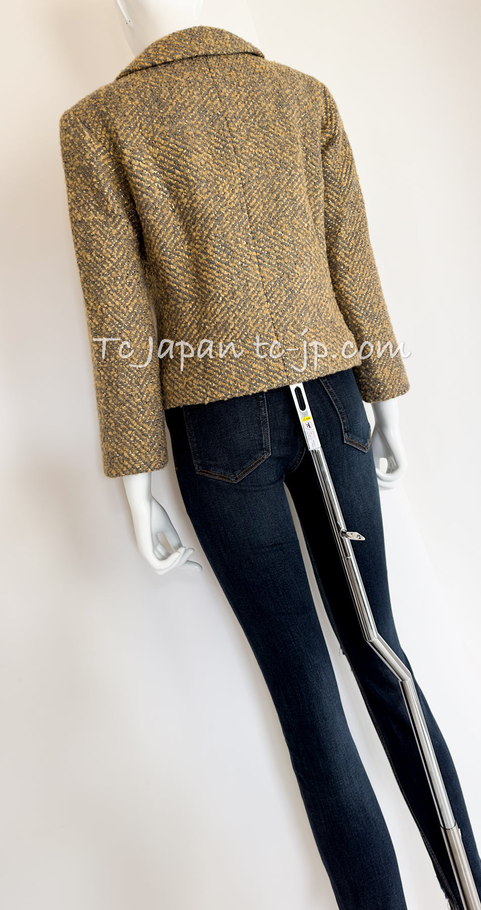 CHANEL 00A Vintage Yellow Beige Gold Gray Wool Zipper Jacket with Scarf 38 40 シャネル ヴィンテージ イエローベージュ ゴールド グレー ジッパー ウール ツイード ジャケット 即発