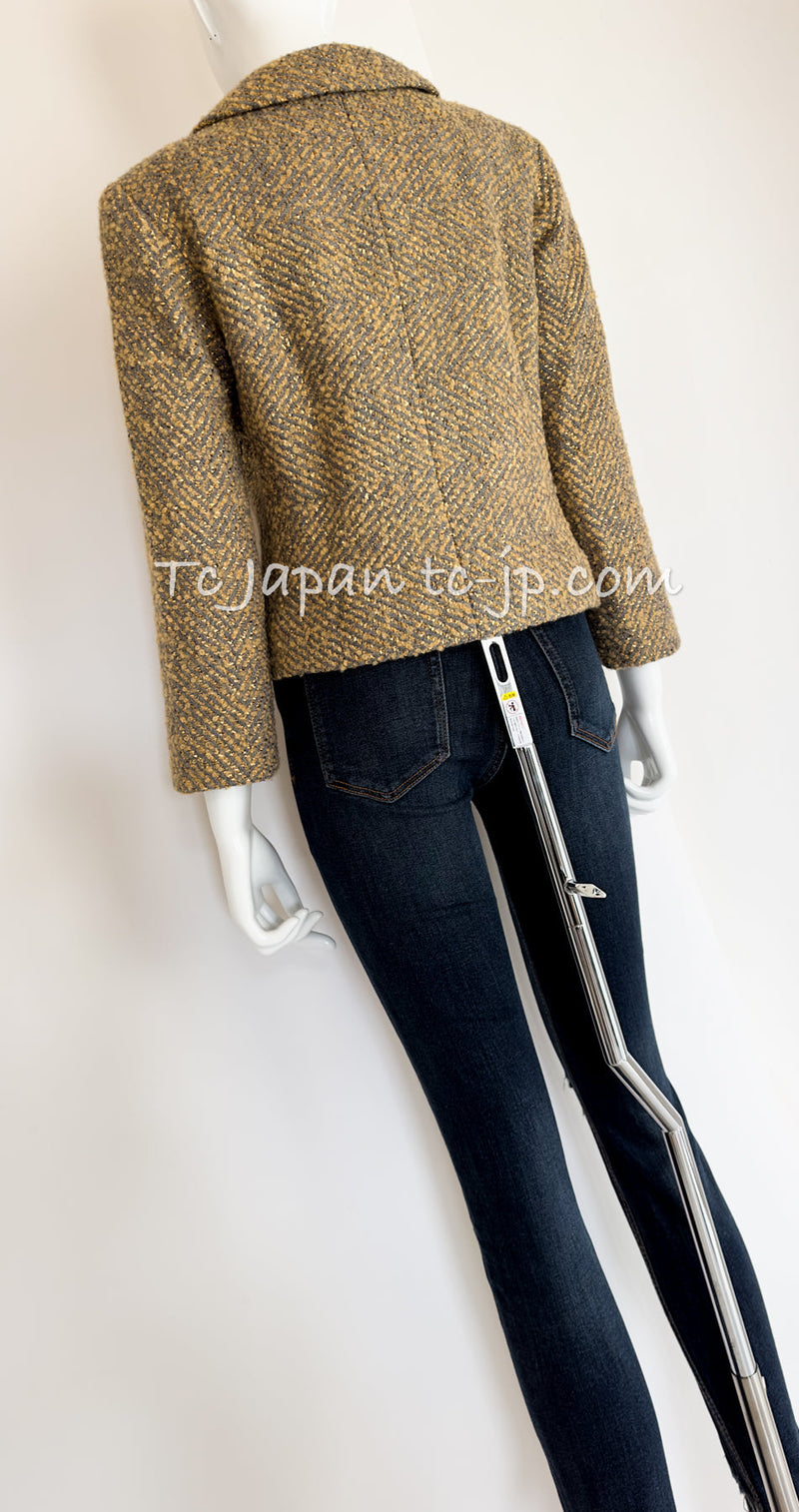 CHANEL 00A Vintage Yellow Beige Gold Gray Wool Zipper Jacket with Scarf 38 40 シャネル ヴィンテージ イエローベージュ ゴールド グレー ジッパー ウール ツイード ジャケット 即発