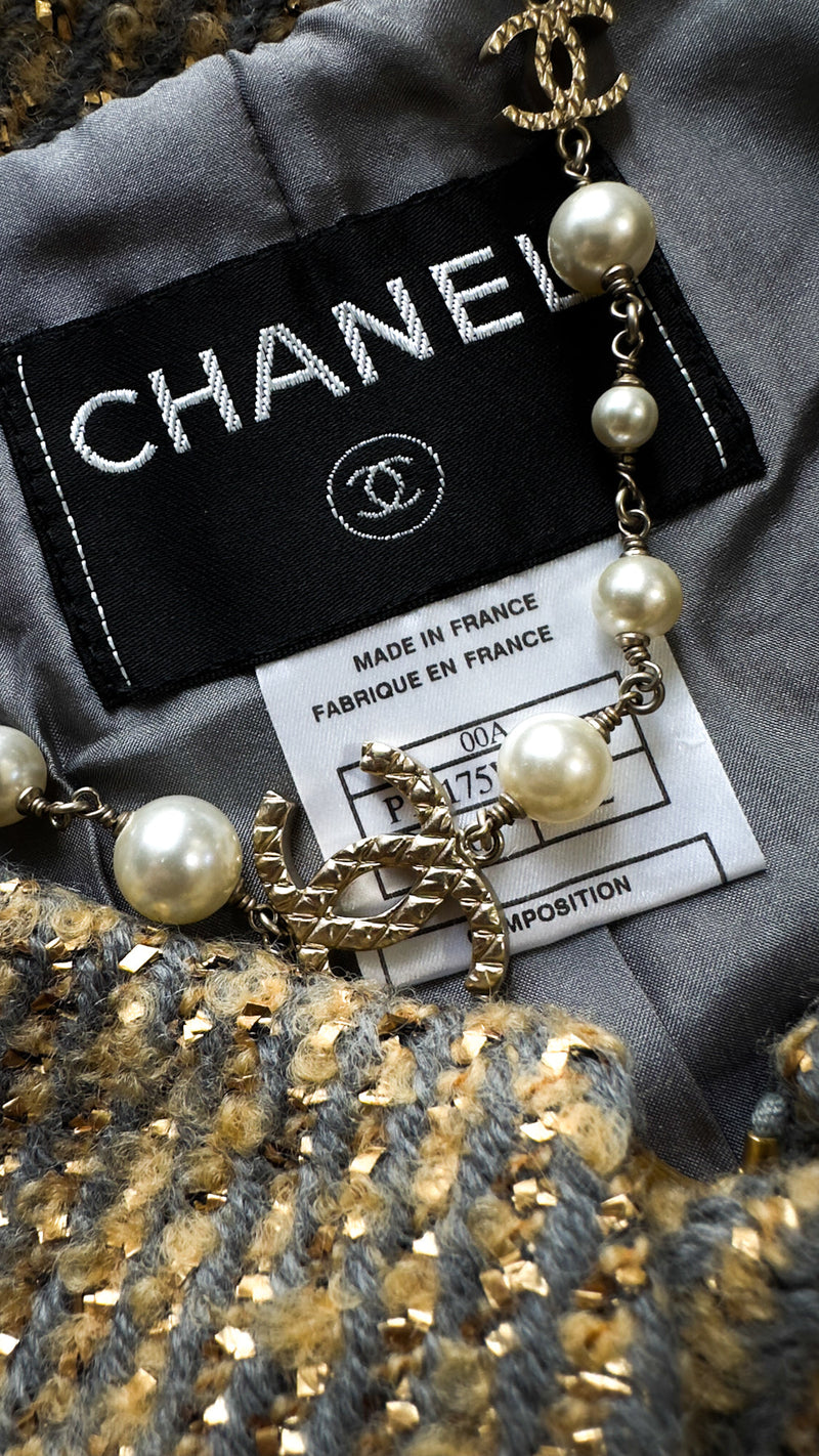 CHANEL 00A Vintage Yellow Beige Gold Gray Wool Zipper Jacket with Scarf 38 40 シャネル ヴィンテージ イエローベージュ ゴールド グレー ジッパー ウール ツイード ジャケット 即発