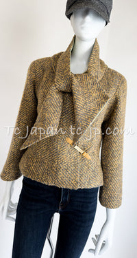 CHANEL 00A Vintage Yellow Beige Gold Gray Wool Zipper Jacket with Scarf 38 40 シャネル ヴィンテージ イエローベージュ ゴールド グレー ジッパー ウール ツイード ジャケット 即発