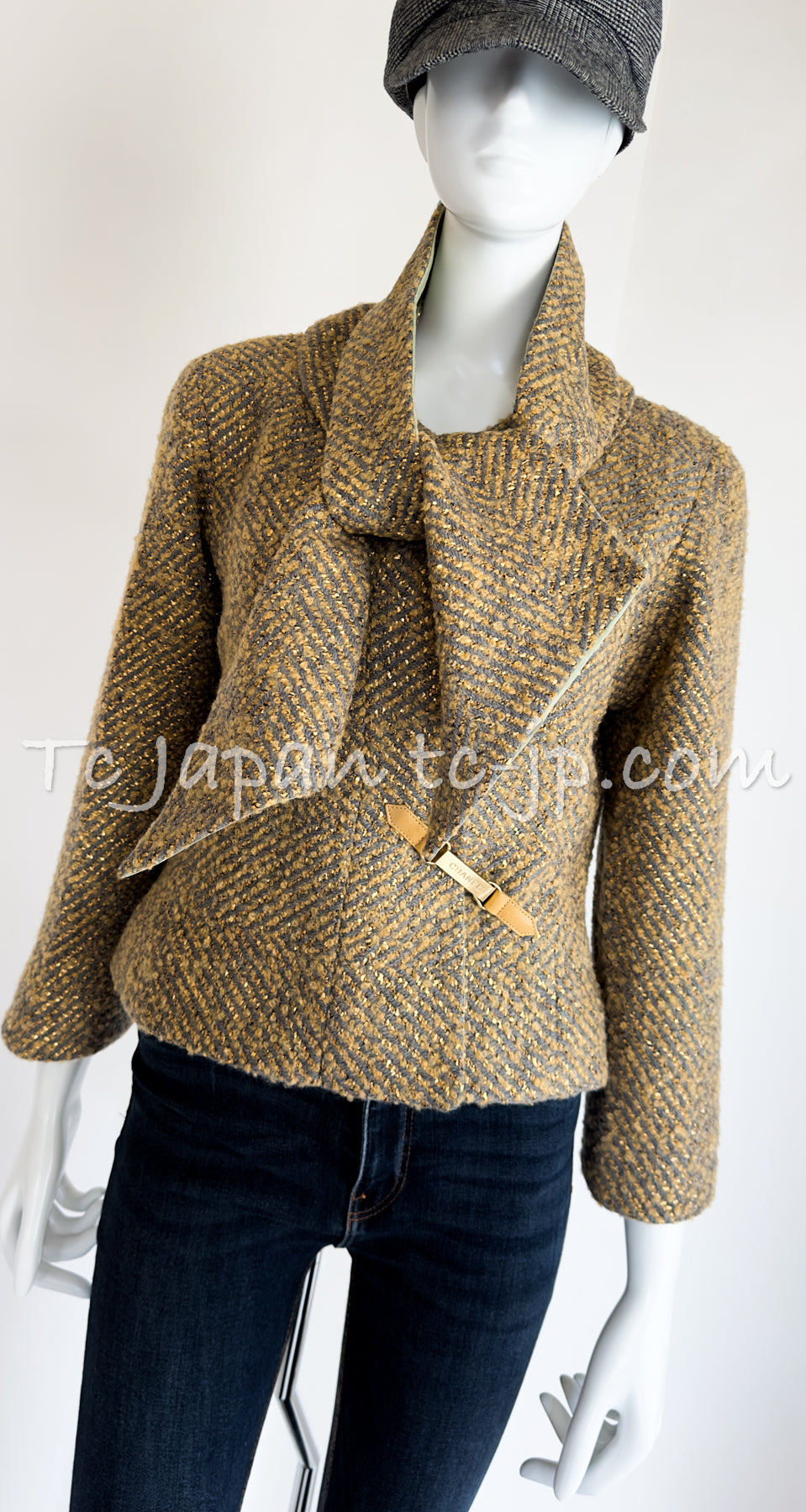 CHANEL 00A Vintage Yellow Beige Gold Gray Wool Zipper Jacket with Scarf 38 40 シャネル ヴィンテージ イエローベージュ ゴールド グレー ジッパー ウール ツイード ジャケット 即発