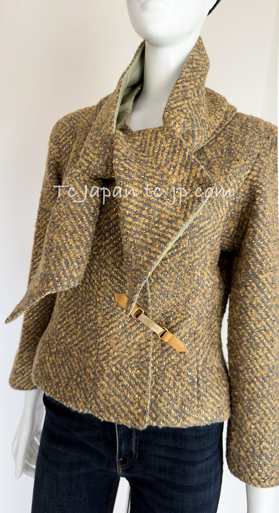CHANEL 00A Vintage Yellow Beige Gold Gray Wool Zipper Jacket with Scarf 38 40 シャネル ヴィンテージ イエローベージュ ゴールド グレー ジッパー ウール ツイード ジャケット 即発