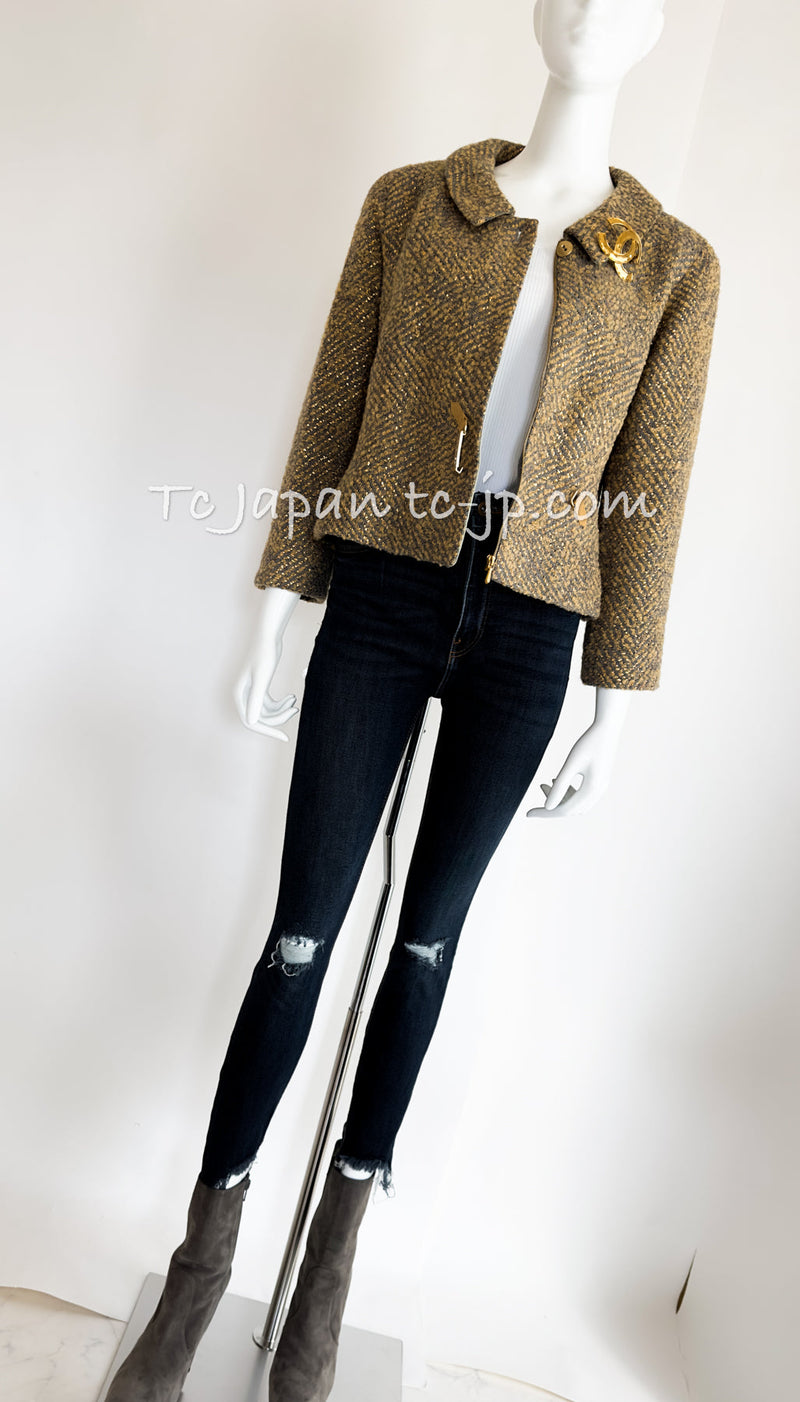 CHANEL 00A Vintage Yellow Beige Gold Gray Wool Zipper Jacket with Scarf 38 40 シャネル ヴィンテージ イエローベージュ ゴールド グレー ジッパー ウール ツイード ジャケット 即発