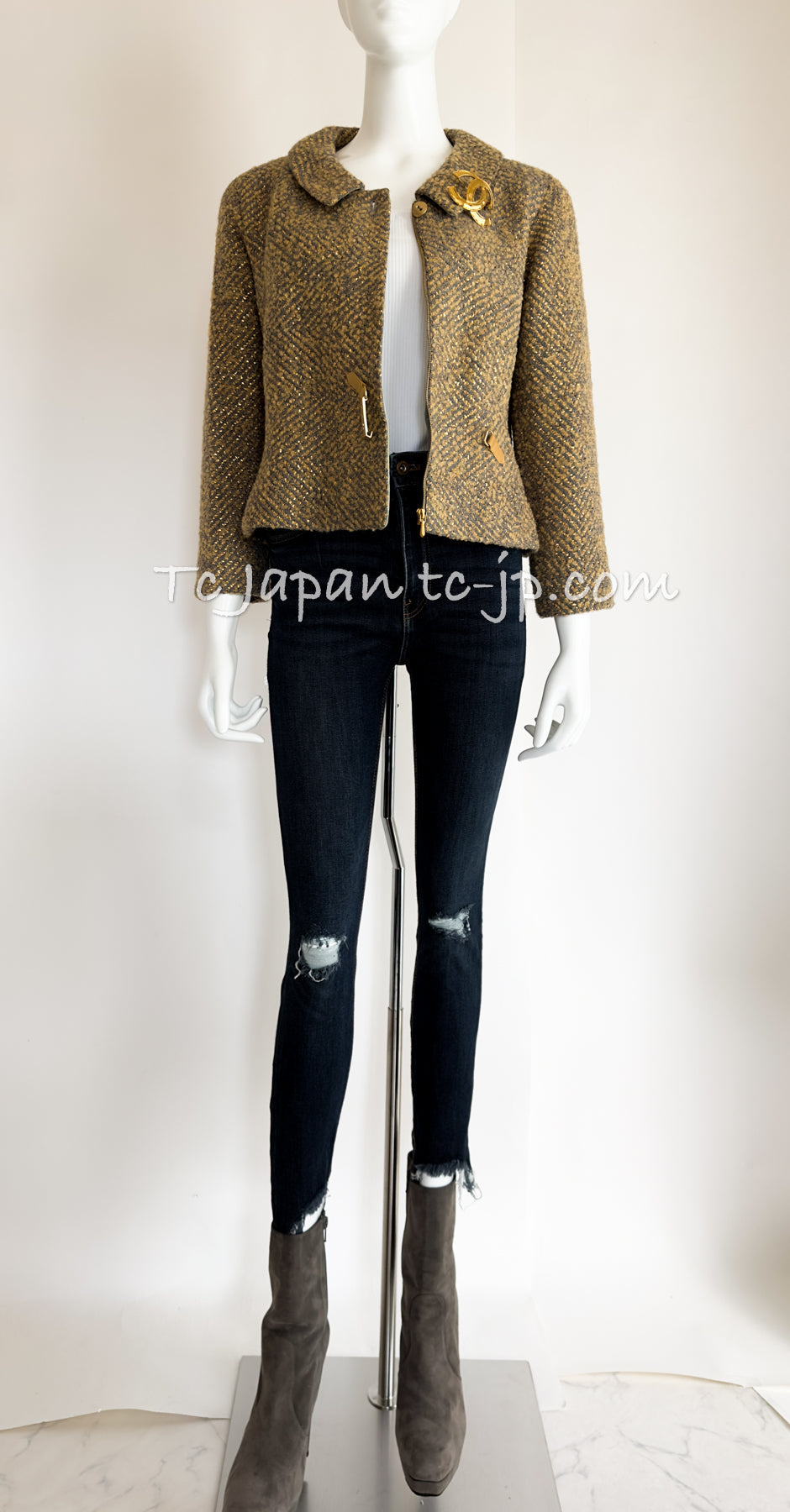 CHANEL 00A Vintage Yellow Beige Gold Gray Wool Zipper Jacket with Scarf 38 40 シャネル ヴィンテージ イエローベージュ ゴールド グレー ジッパー ウール ツイード ジャケット 即発