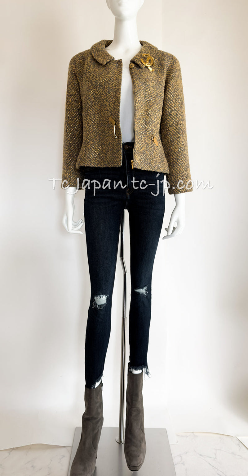 CHANEL 00A Vintage Yellow Beige Gold Gray Wool Zipper Jacket with Scarf 38 40 シャネル ヴィンテージ イエローベージュ ゴールド グレー ジッパー ウール ツイード ジャケット 即発