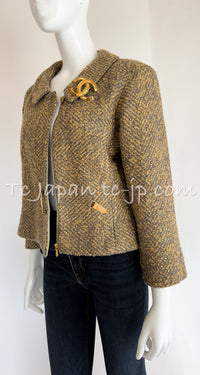 CHANEL 00A Vintage Yellow Beige Gold Gray Wool Zipper Jacket with Scarf 38 40 シャネル ヴィンテージ イエローベージュ ゴールド グレー ジッパー ウール ツイード ジャケット 即発