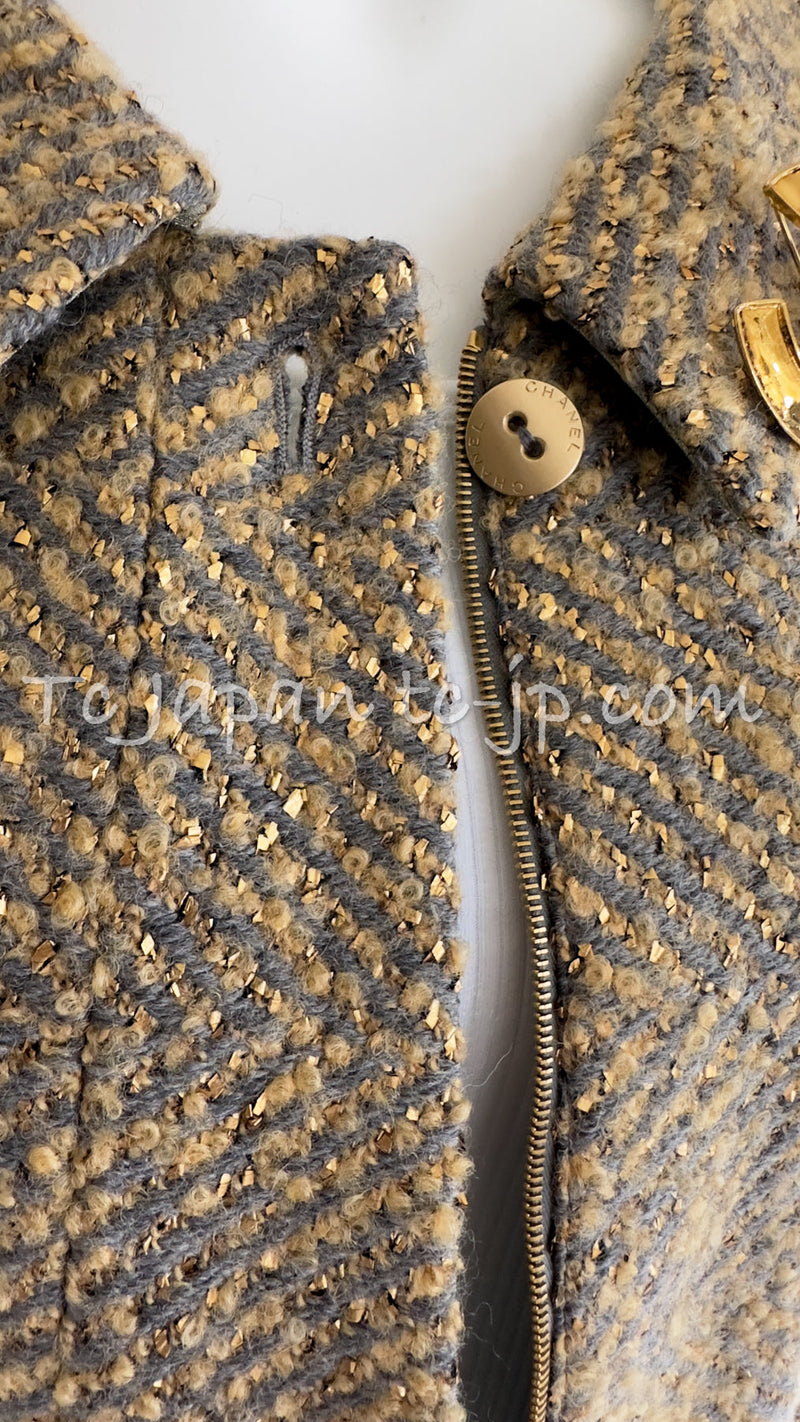CHANEL 00A Vintage Yellow Beige Gold Gray Wool Zipper Jacket with Scarf 38 40 シャネル ヴィンテージ イエローベージュ ゴールド グレー ジッパー ウール ツイード ジャケット 即発