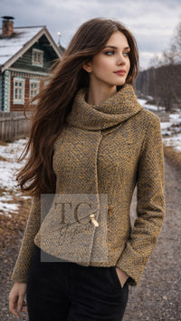 CHANEL 00A Vintage Yellow Beige Gold Gray Wool Zipper Jacket with Scarf 38 40 シャネル ヴィンテージ イエローベージュ ゴールド グレー ジッパー ウール ツイード ジャケット 即発