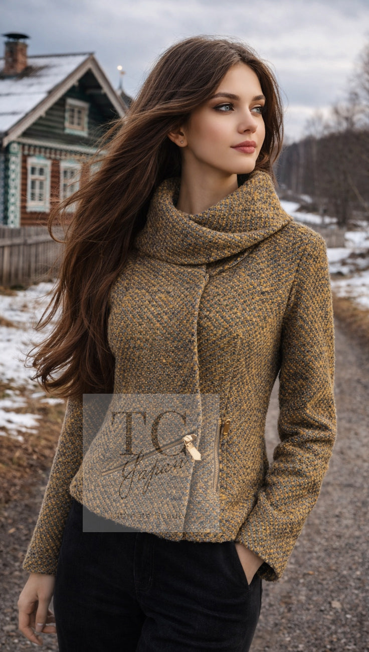 CHANEL 00A Vintage Yellow Beige Gold Gray Wool Zipper Jacket with Scarf 38 40 シャネル ヴィンテージ イエローベージュ ゴールド グレー ジッパー ウール ツイード ジャケット 即発