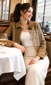 CHANEL 00A Vintage Yellow Beige Gold Gray Wool Zipper Jacket with Scarf 38 40 シャネル ヴィンテージ イエローベージュ ゴールド グレー ジッパー ウール ツイード ジャケット 即発