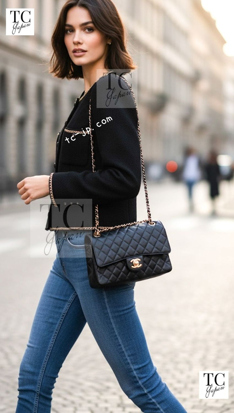 CHANEL 95A Vintage Black Gold Chain Trim Tweed Jacket 38 シャネル ヴィンテージ ブラック ゴールドチェーン トリミング ツイード ジャケット 即発