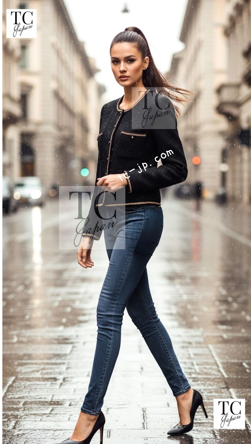 CHANEL 95A Vintage Black Gold Chain Trim Tweed Jacket 38 シャネル ヴィンテージ ブラック ゴールドチェーン トリミング ツイード ジャケット 即発