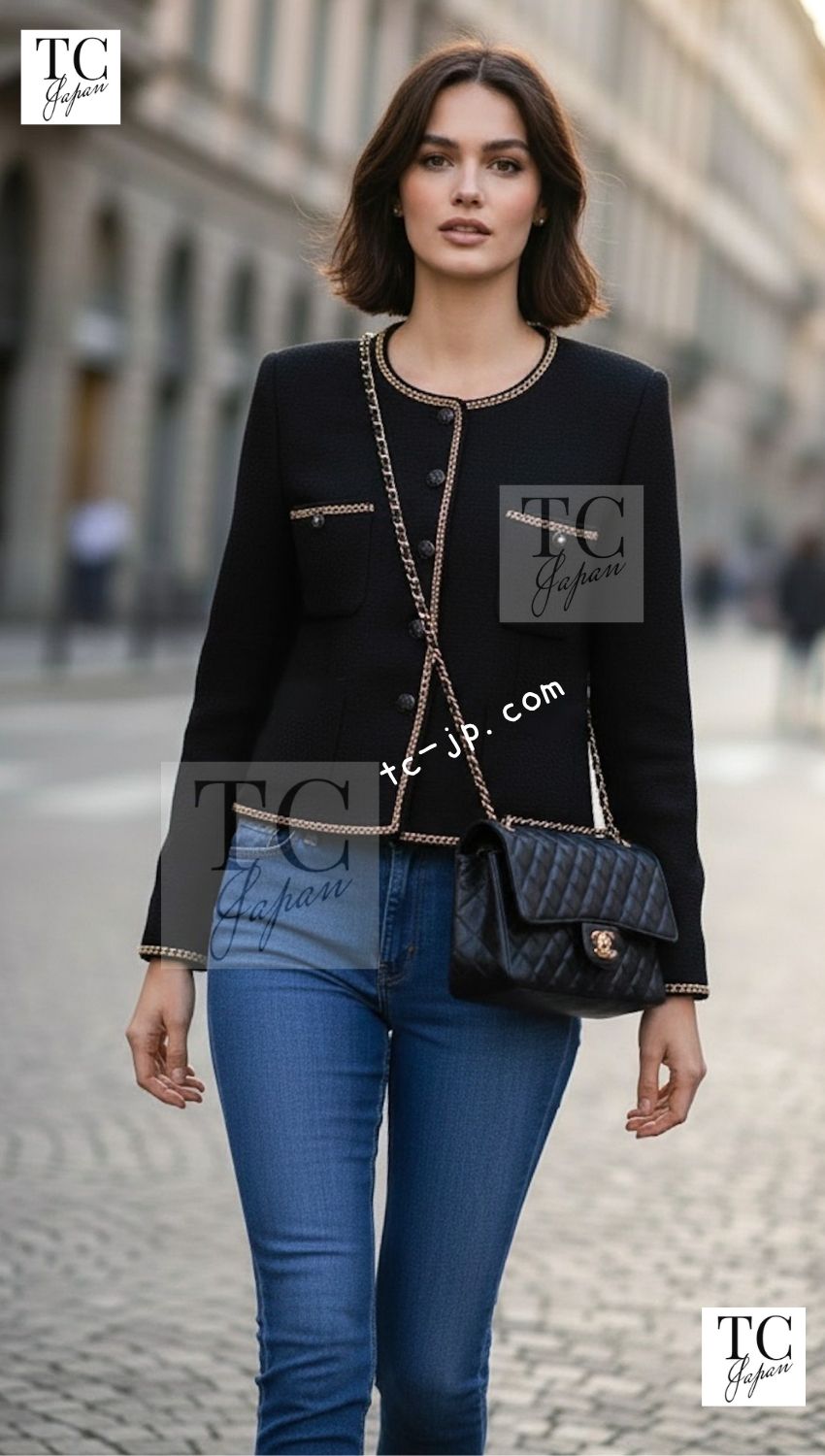 CHANEL 95A Vintage Black Gold Chain Trim Tweed Jacket 38 シャネル ヴィンテージ ブラック ゴールドチェーン トリミング ツイード ジャケット 即発