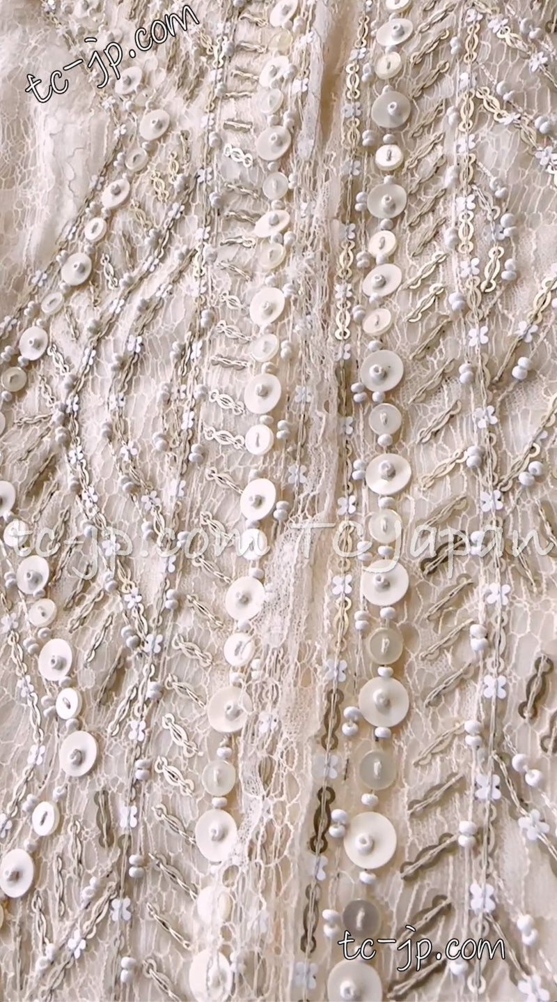 CHANEL 03S Ivory Neutral Lace Sequins Beads Cardigan Jacket 36 38 シャネル アイボリー ヌード レース スパンコール ビーズ カーディガン ジャケット 即発