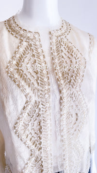 CHANEL 03S Ivory Neutral Lace Sequins Beads Cardigan Jacket 36 38 シャネル アイボリー ヌード レース スパンコール ビーズ カーディガン ジャケット 即発