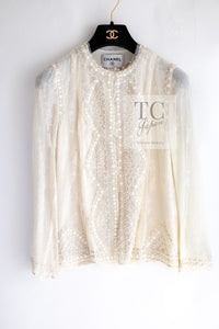 CHANEL 03S Ivory Neutral Lace Sequins Beads Cardigan Jacket 36 38 シャネル アイボリー ヌード レース スパンコール ビーズ カーディガン ジャケット 即発