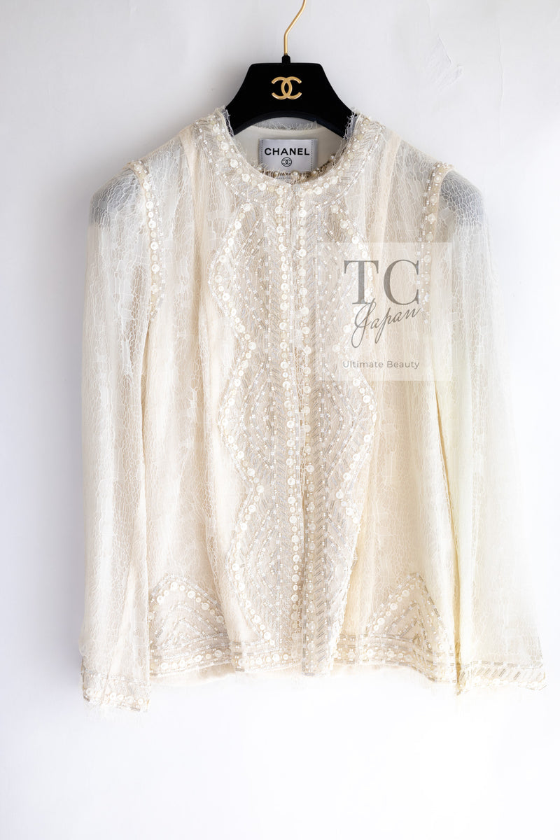 CHANEL 03S Ivory Neutral Lace Sequins Beads Cardigan Jacket 36 38 シャネル アイボリー ヌード レース スパンコール ビーズ カーディガン ジャケット 即発