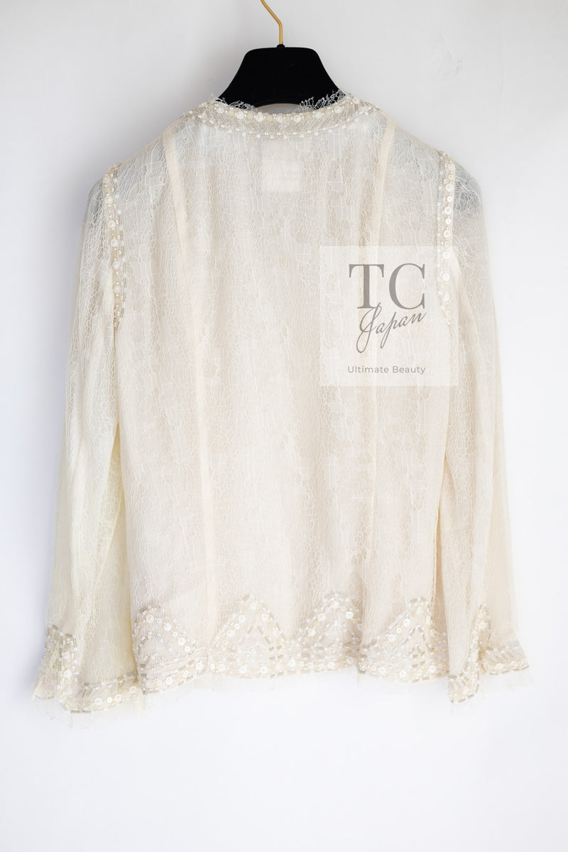 CHANEL 03S Ivory Neutral Lace Sequins Beads Cardigan Jacket 36 38 シャネル アイボリー ヌード レース スパンコール ビーズ カーディガン ジャケット 即発