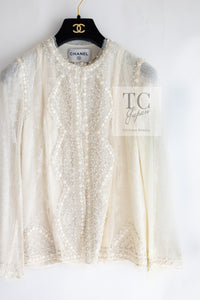 CHANEL 03S Ivory Neutral Lace Sequins Beads Cardigan Jacket 36 38 シャネル アイボリー ヌード レース スパンコール ビーズ カーディガン ジャケット 即発