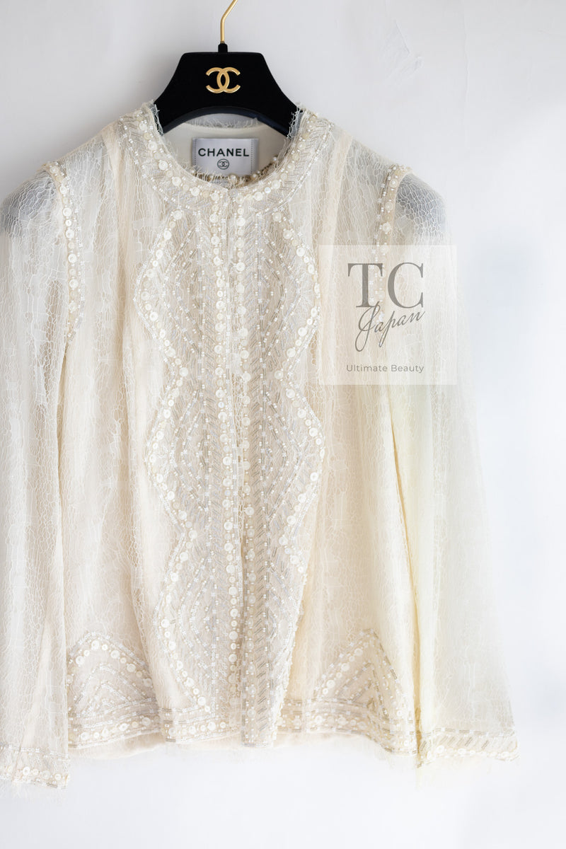 CHANEL 03S Ivory Neutral Lace Sequins Beads Cardigan Jacket 36 38 シャネル アイボリー ヌード レース スパンコール ビーズ カーディガン ジャケット 即発