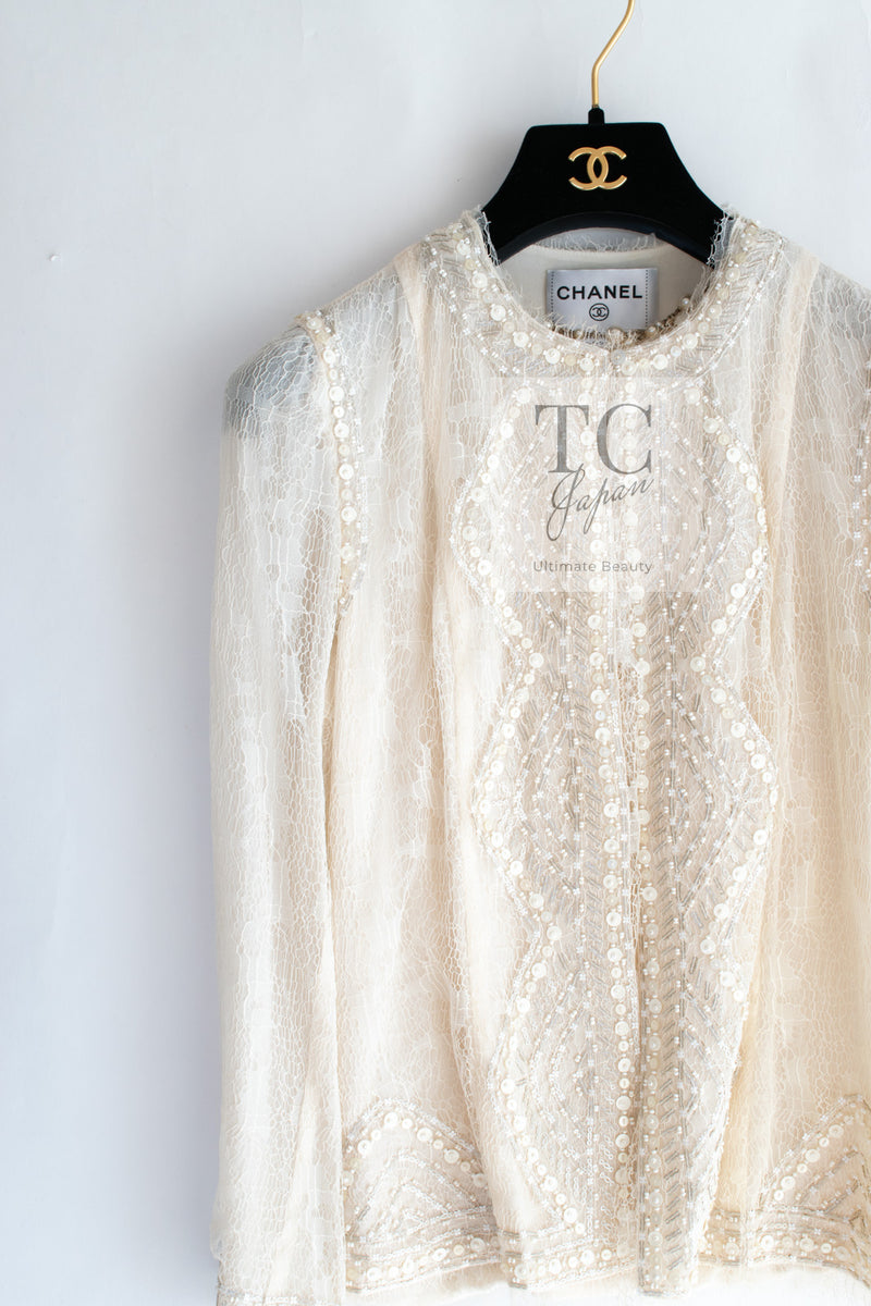 CHANEL 03S Ivory Neutral Lace Sequins Beads Cardigan Jacket 36 38 シャネル アイボリー ヌード レース スパンコール ビーズ カーディガン ジャケット 即発