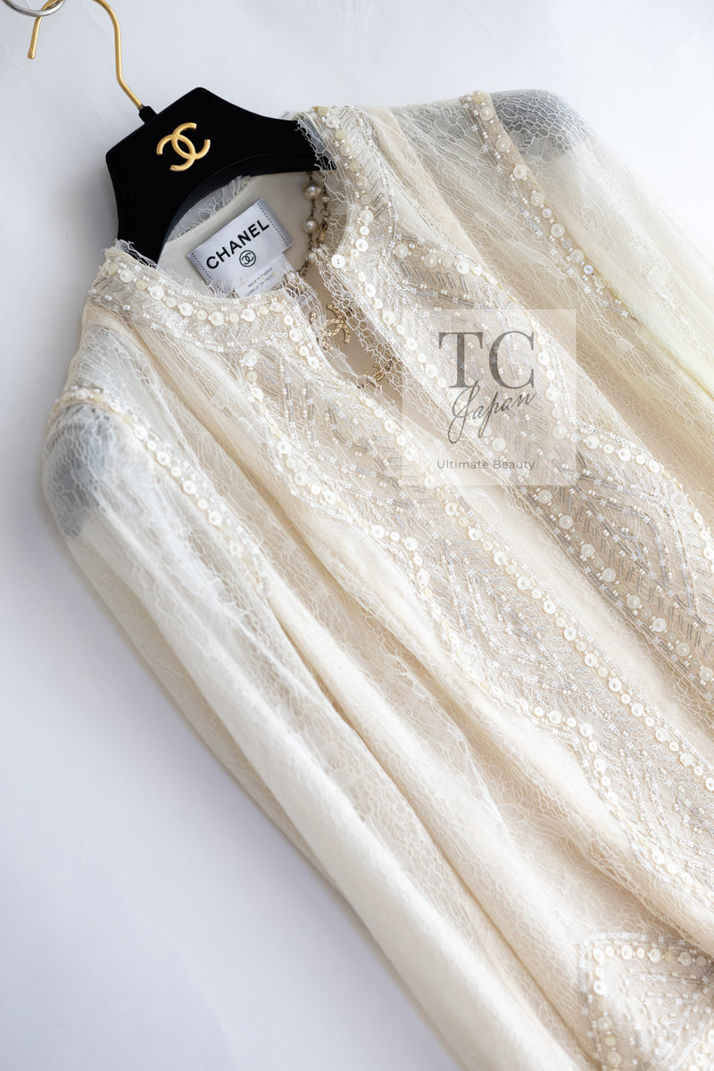 CHANEL 03S Ivory Neutral Lace Sequins Beads Cardigan Jacket 36 38 シャネル アイボリー ヌード レース スパンコール ビーズ カーディガン ジャケット 即発