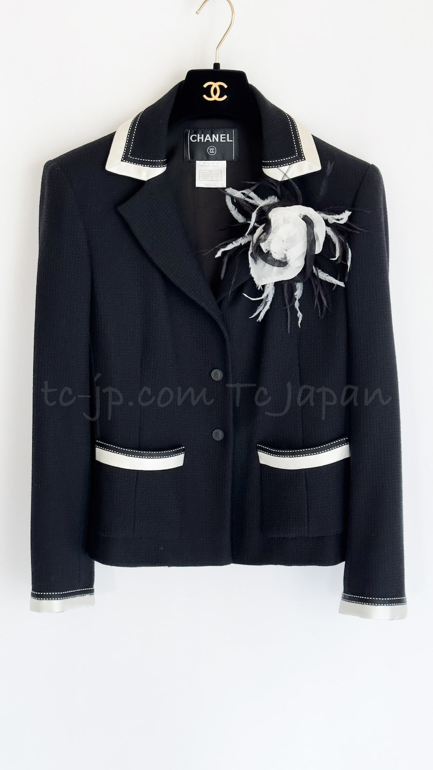 CHANEL 03S Black Silver White Trim Wool Silk Blazer Jacket 34 46 シャネル ブラック シルバー ホワイト トリム ウール シルク ブレザー ジャケット 即発