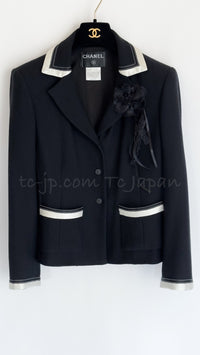 CHANEL 03S Black Silver White Trim Wool Silk Blazer Jacket 34 46 シャネル ブラック シルバー ホワイト トリム ウール シルク ブレザー ジャケット 即発