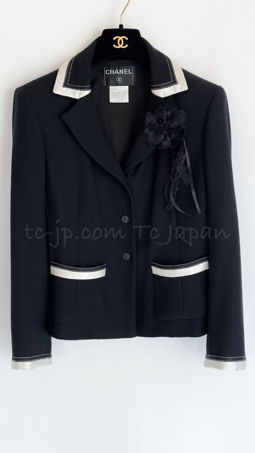 CHANEL 03S Black Silver White Trim Wool Silk Blazer Jacket 34 46 シャネル ブラック シルバー ホワイト トリム ウール シルク ブレザー ジャケット 即発