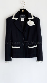 CHANEL 03S Black Silver White Trim Wool Silk Blazer Jacket 34 46 シャネル ブラック シルバー ホワイト トリム ウール シルク ブレザー ジャケット 即発
