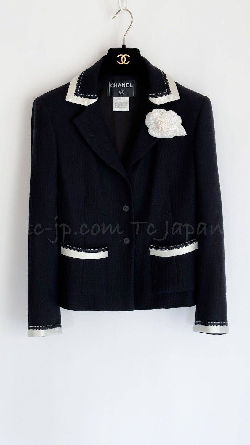 CHANEL 03S Black Silver White Trim Wool Silk Blazer Jacket 34 46 シャネル ブラック シルバー ホワイト トリム ウール シルク ブレザー ジャケット 即発