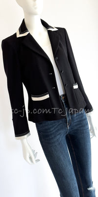 CHANEL 03S Black Silver White Trim Wool Silk Blazer Jacket 34 46 シャネル ブラック シルバー ホワイト トリム ウール シルク ブレザー ジャケット 即発