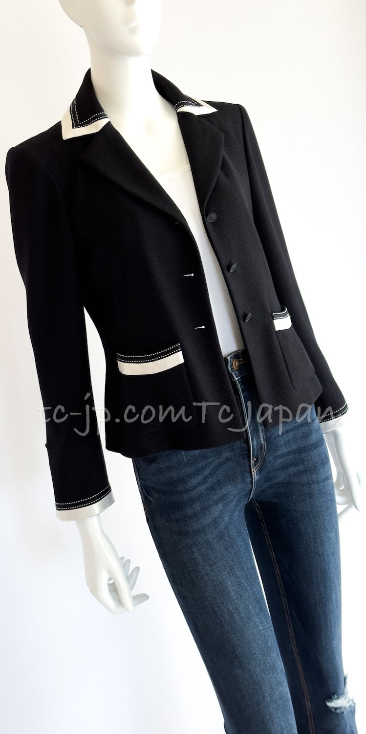 CHANEL 03S Black Silver White Trim Wool Silk Blazer Jacket 34 46 シャネル ブラック シルバー ホワイト トリム ウール シルク ブレザー ジャケット 即発