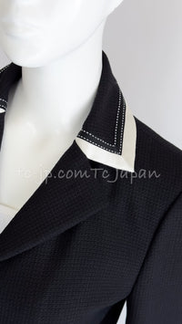 CHANEL 03S Black Silver White Trim Wool Silk Blazer Jacket 34 46 シャネル ブラック シルバー ホワイト トリム ウール シルク ブレザー ジャケット 即発