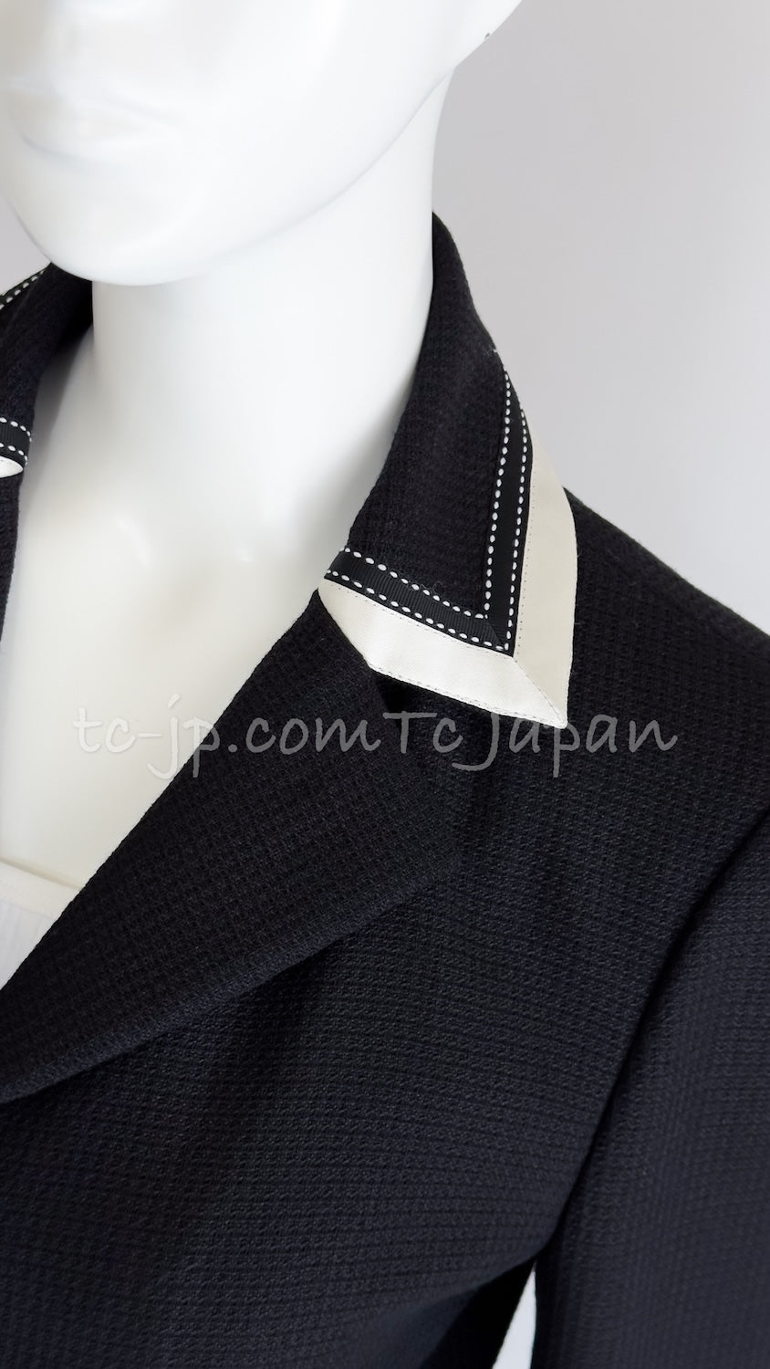 CHANEL 03S Black Silver White Trim Wool Silk Blazer Jacket 34 46 シャネル ブラック シルバー ホワイト トリム ウール シルク ブレザー ジャケット 即発