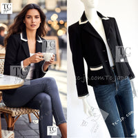 CHANEL 03S Black Silver White Trim Wool Silk Blazer Jacket 34 46 シャネル ブラック シルバー ホワイト トリム ウール シルク ブレザー ジャケット 即発