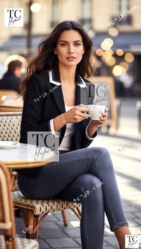 CHANEL 03S Black Silver White Trim Wool Silk Blazer Jacket 34 46 シャネル ブラック シルバー ホワイト トリム ウール シルク ブレザー ジャケット 即発