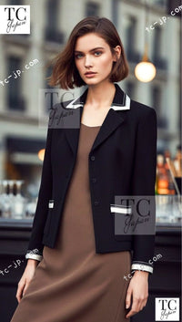CHANEL 03S Black Silver White Trim Wool Silk Blazer Jacket 34 46 シャネル ブラック シルバー ホワイト トリム ウール シルク ブレザー ジャケット 即発