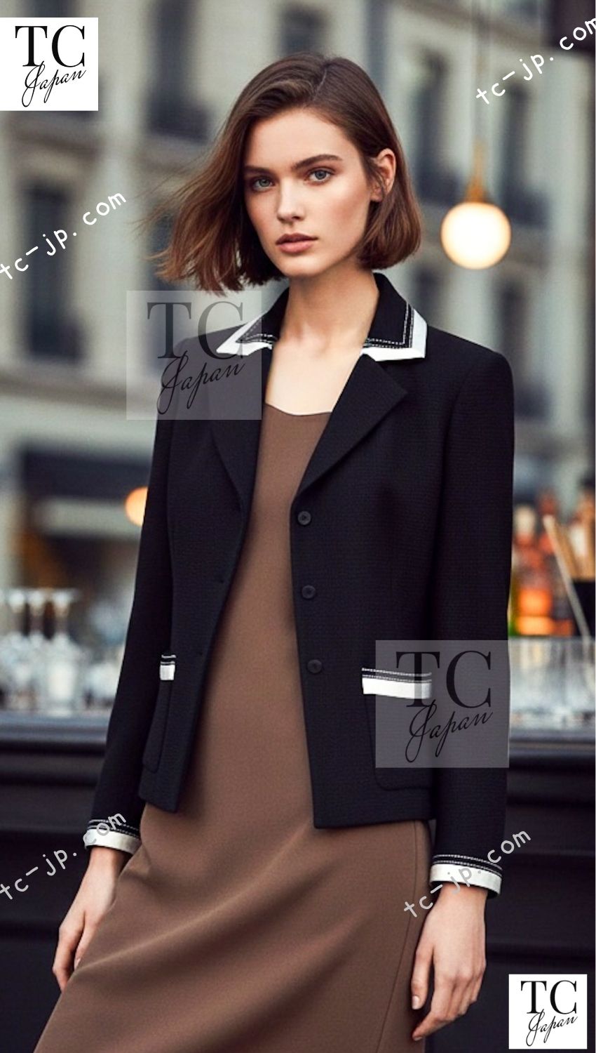 CHANEL 03S Black Silver White Trim Wool Silk Blazer Jacket 34 46 シャネル ブラック シルバー ホワイト トリム ウール シルク ブレザー ジャケット 即発