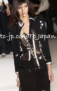 CHANEL 03S Black Silver White Trim Wool Silk Blazer Jacket 34 46 シャネル ブラック シルバー ホワイト トリム ウール シルク ブレザー ジャケット 即発