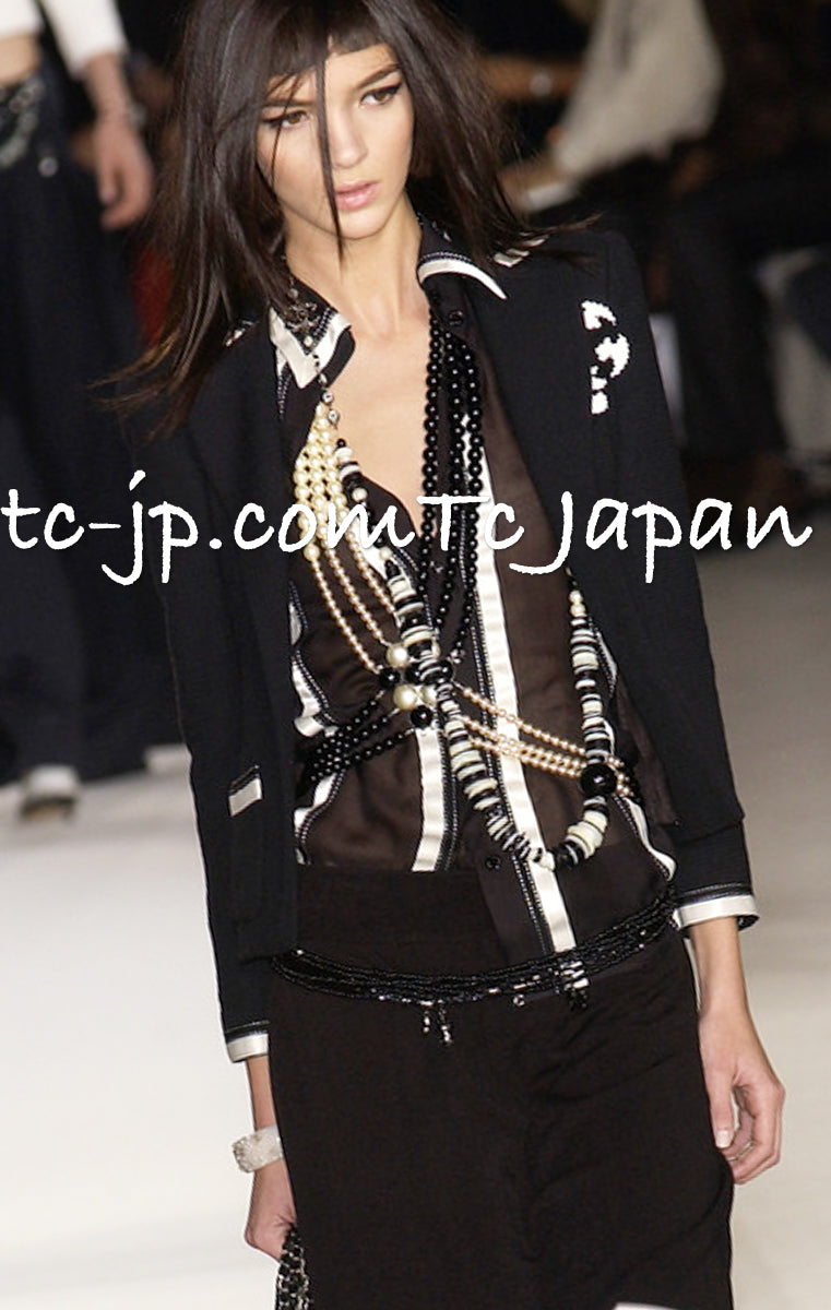 CHANEL 03S Black Silver White Trim Wool Silk Blazer Jacket 34 46 シャネル ブラック シルバー ホワイト トリム ウール シルク ブレザー ジャケット 即発