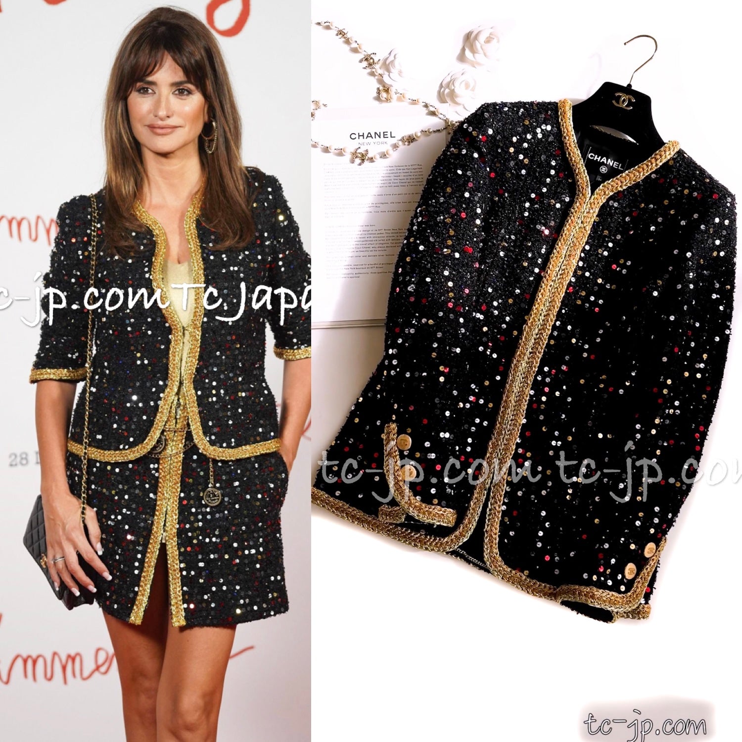 CHANEL 22S Black Sequined Gold Trim Tweed Jacket 36 38 シャネル ブラック スパンコール ゴールド トリム ジャケット 即発