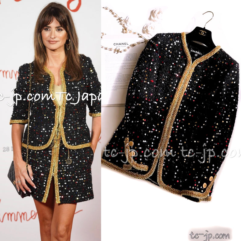 CHANEL 22S Black Sequined Gold Trim Tweed Jacket 36 38 シャネル ブラック スパンコール ゴールド トリム ジャケット 即発