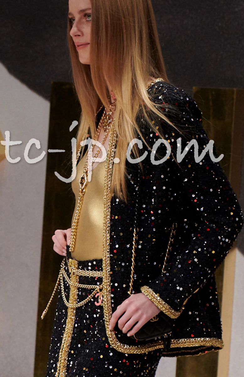 CHANEL 22S Black Sequined Gold Trim Tweed Jacket 36 38 シャネル ブラック スパンコール ゴールド トリム ジャケット 即発