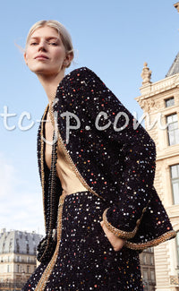CHANEL 22S Black Sequined Gold Trim Tweed Jacket 36 38 シャネル ブラック スパンコール ゴールド トリム ジャケット 即発