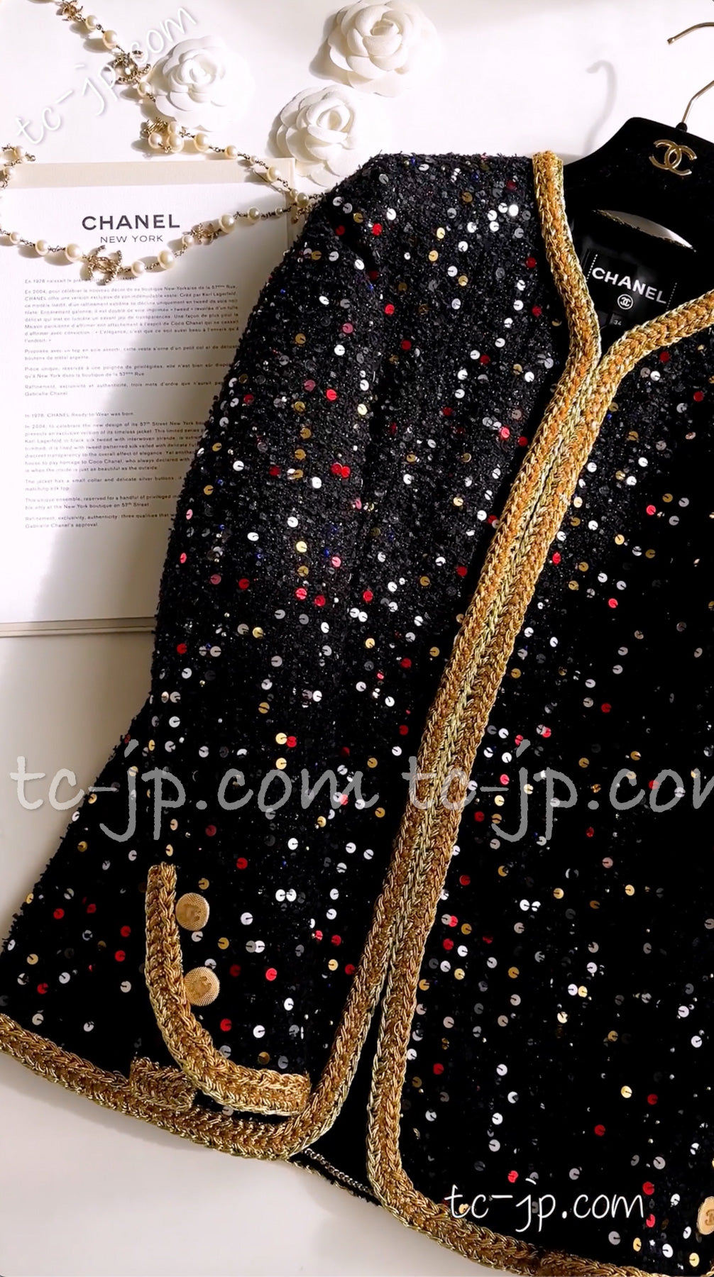 CHANEL 22S Black Sequined Gold Trim Tweed Jacket 36 38 シャネル ブラック スパンコール ゴールド トリム ジャケット 即発
