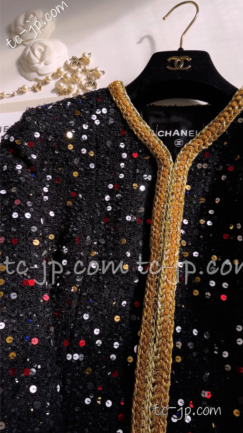 CHANEL 22S Black Sequined Gold Trim Tweed Jacket 36 38 シャネル ブラック スパンコール ゴールド トリム ジャケット 即発